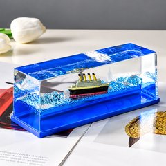 Titanic Ship in Ocean Resin Desk Decor – Blue Acrylic Display Ornament