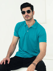 Sea Green Pique Polo Shirt For Men