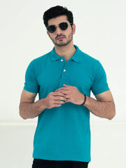 Sea Green Pique Polo Shirt For Men