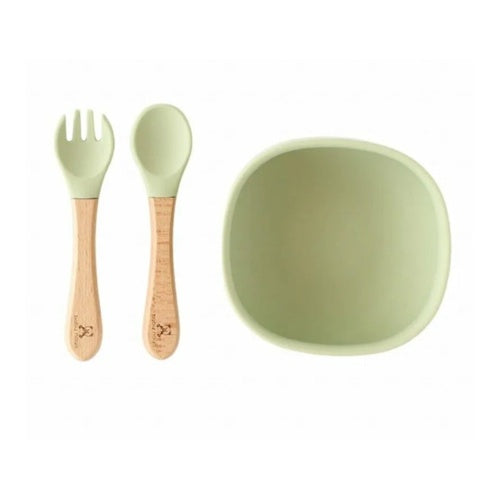 Eco-Friendly Silicone Baby Feeding Set with Wooden Handles – Bowl, Spoon & Fork