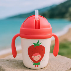 Cute Strawberry Baby Sippy Cup with Handles and Straw – Leak-Proof Training Cup