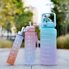 3-Piece Time Marker Water Bottle Set – Gradient Gym Bottles with Straw