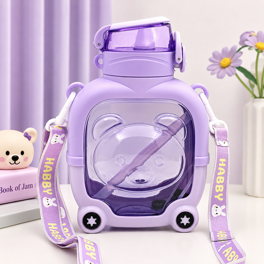 TeddyRide Kids Straw Water Bottle with Carry Strap