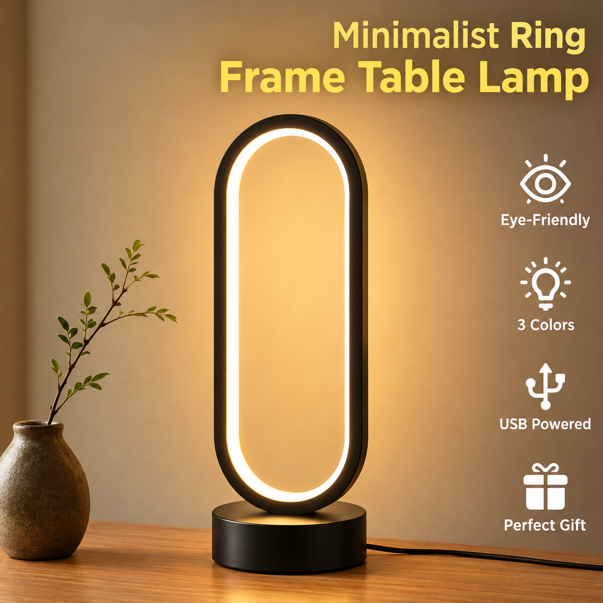 3 Color Minimalist Ring Frame Table Lamp  Modern LED Bedside & Desk Lamp