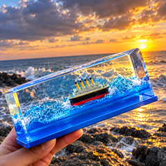 Titanic Ship in Ocean Resin Desk Decor – Blue Acrylic Display Ornament